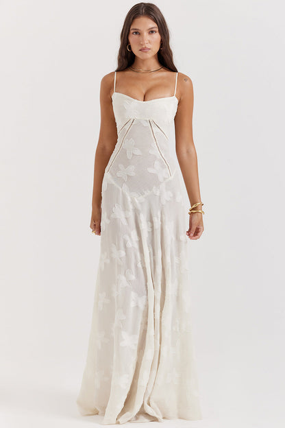 Floral Jacquard Corset Bodice Spaghetti Strap Lace-Up Back Floor-Length Gown