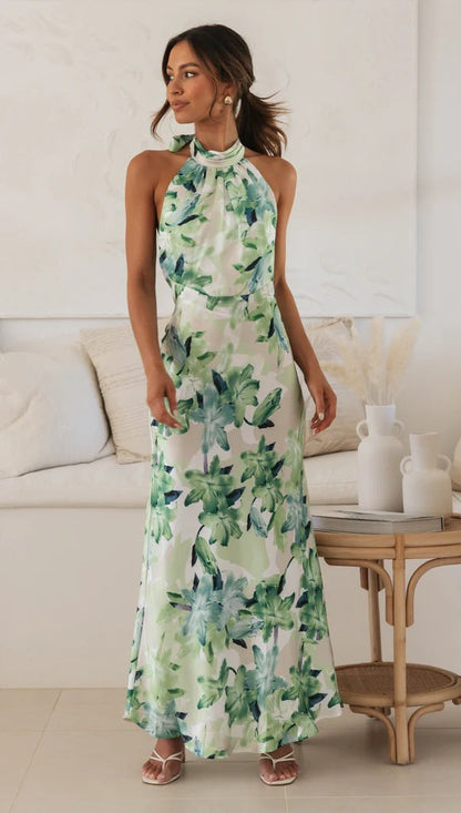 High Neck Halter Large Scale Lily Floral Print Satin Column Maxi Dress