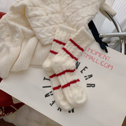 Red Striped Cashmere Blend Warm Mid Calf Socks