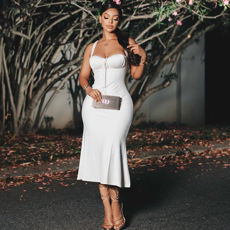 Elegant Strap Solid Color Fishtail Dress Sleeveless off Neck Length Dress
