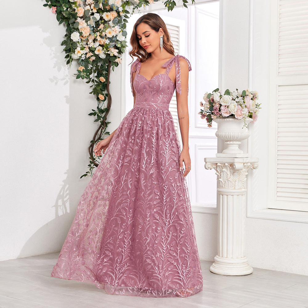 Embroidery Pattern Tied V neck U Back Zipper Large A Hem Full Lining Party Evening Dress