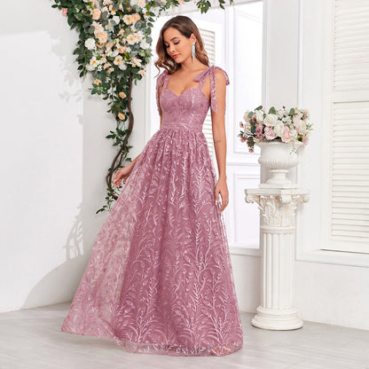Embroidery Pattern Tied V neck U Back Zipper Large A Hem Full Lining Party Evening Dress