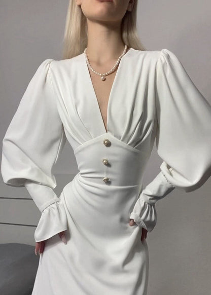Deep V Neck Puff Sleeve Pearl Button Structured Waist Midi Dress