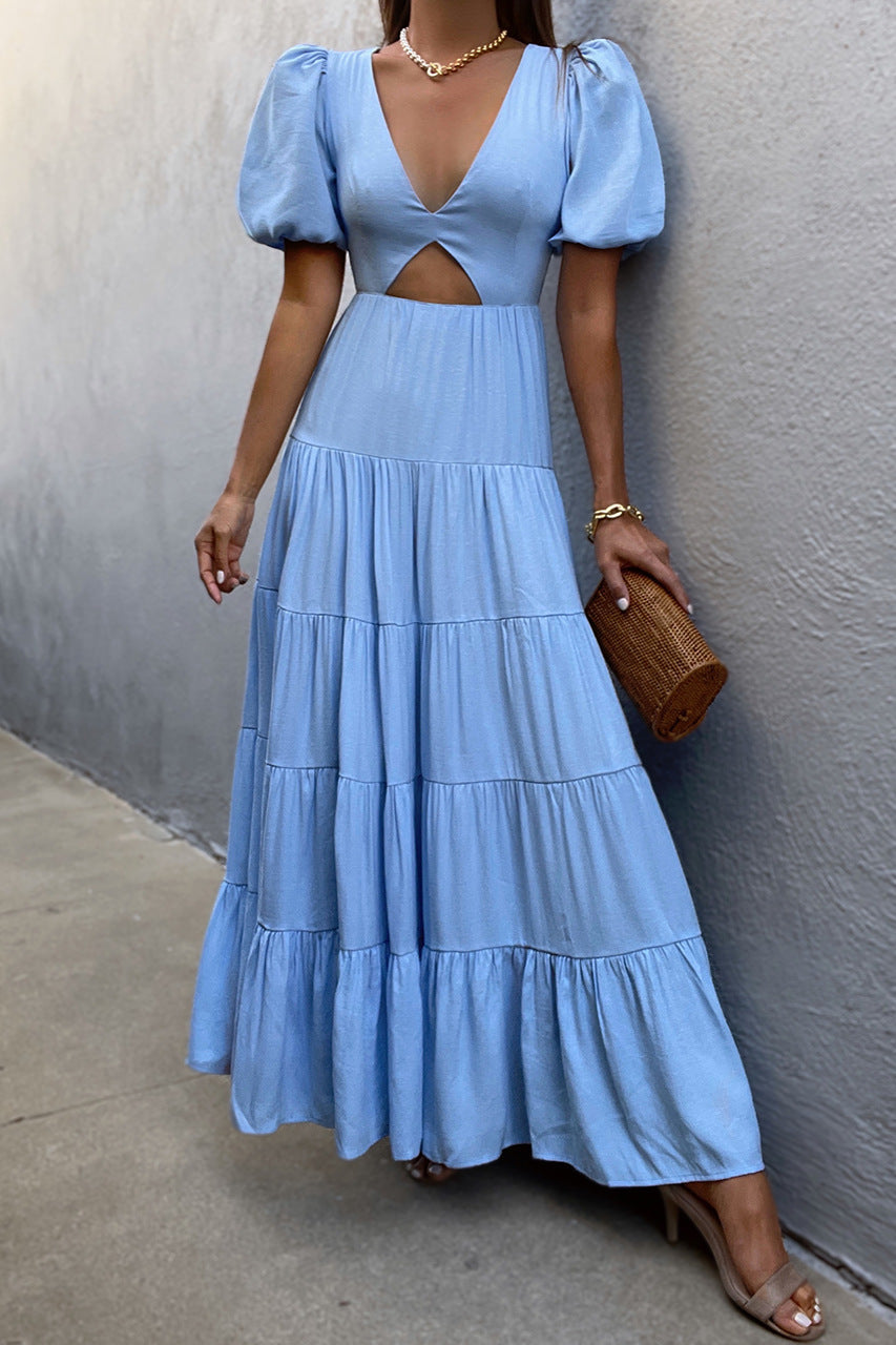 KittenAlarm - Adeline Pocketed Tie Front Tiered Maxi Dress