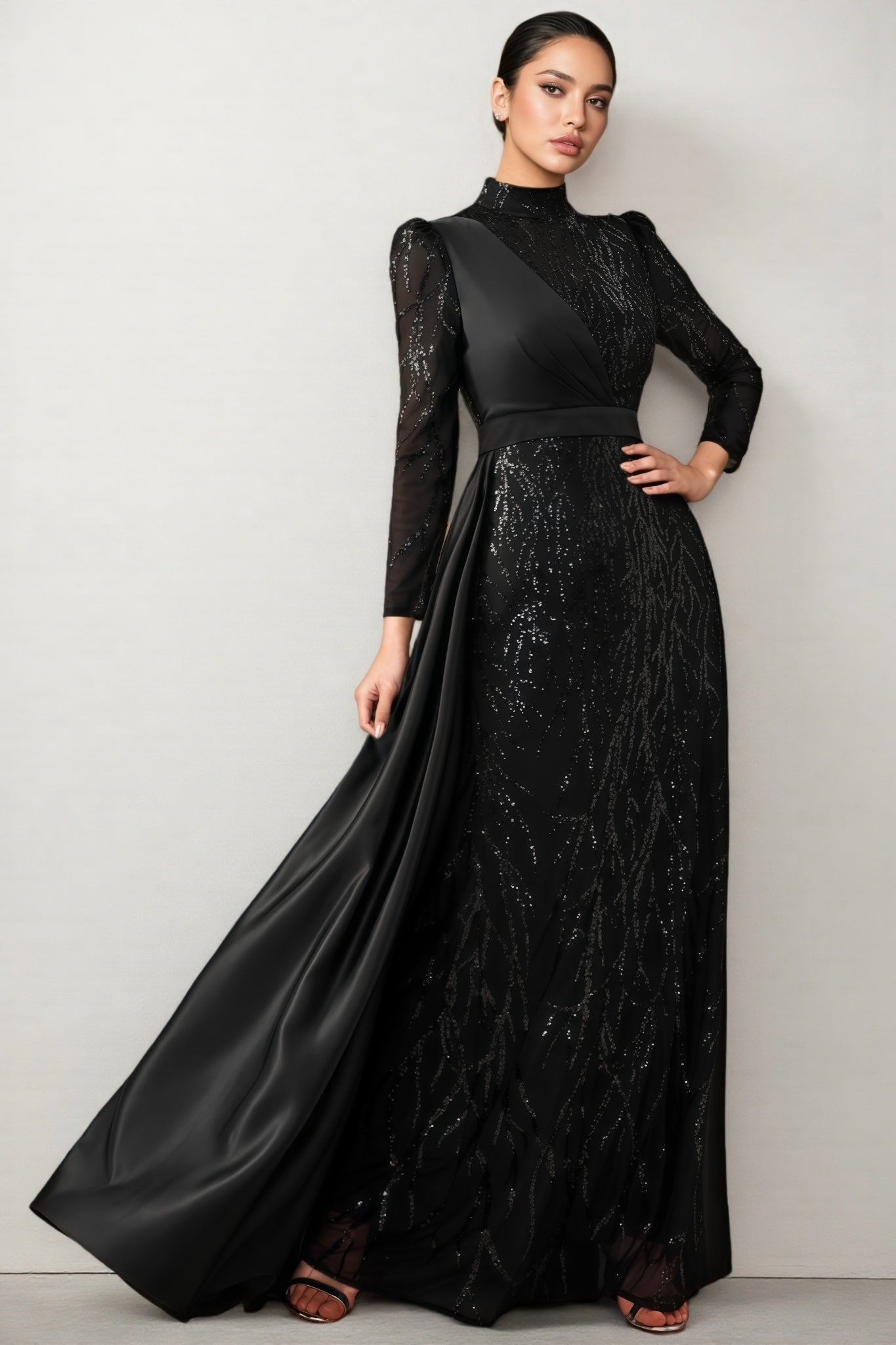 Moto Sequin Satin Long-Sleeved Maxi Dress