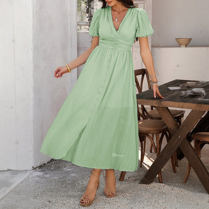 Crinkle Texture V-Neck Puff Sleeve Ruched Button Front High Slit Maxi Dress