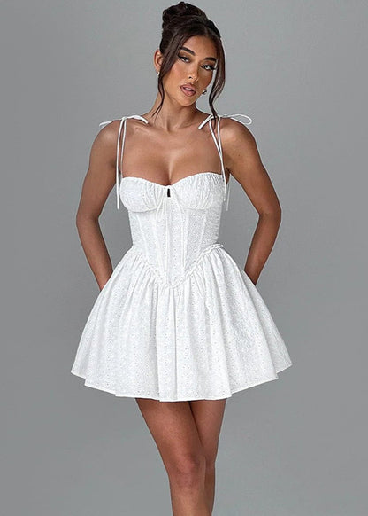 Eyelet Lace Corset Bustier Tie Strap Basque Waist Fit and Flare Mini Dress