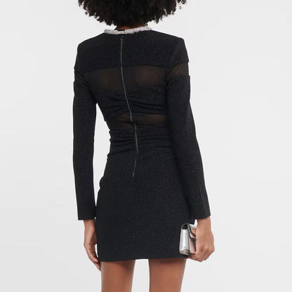 Bow Mesh Rhinestone Strip Dress Black Long Sleeve Semi Transparent