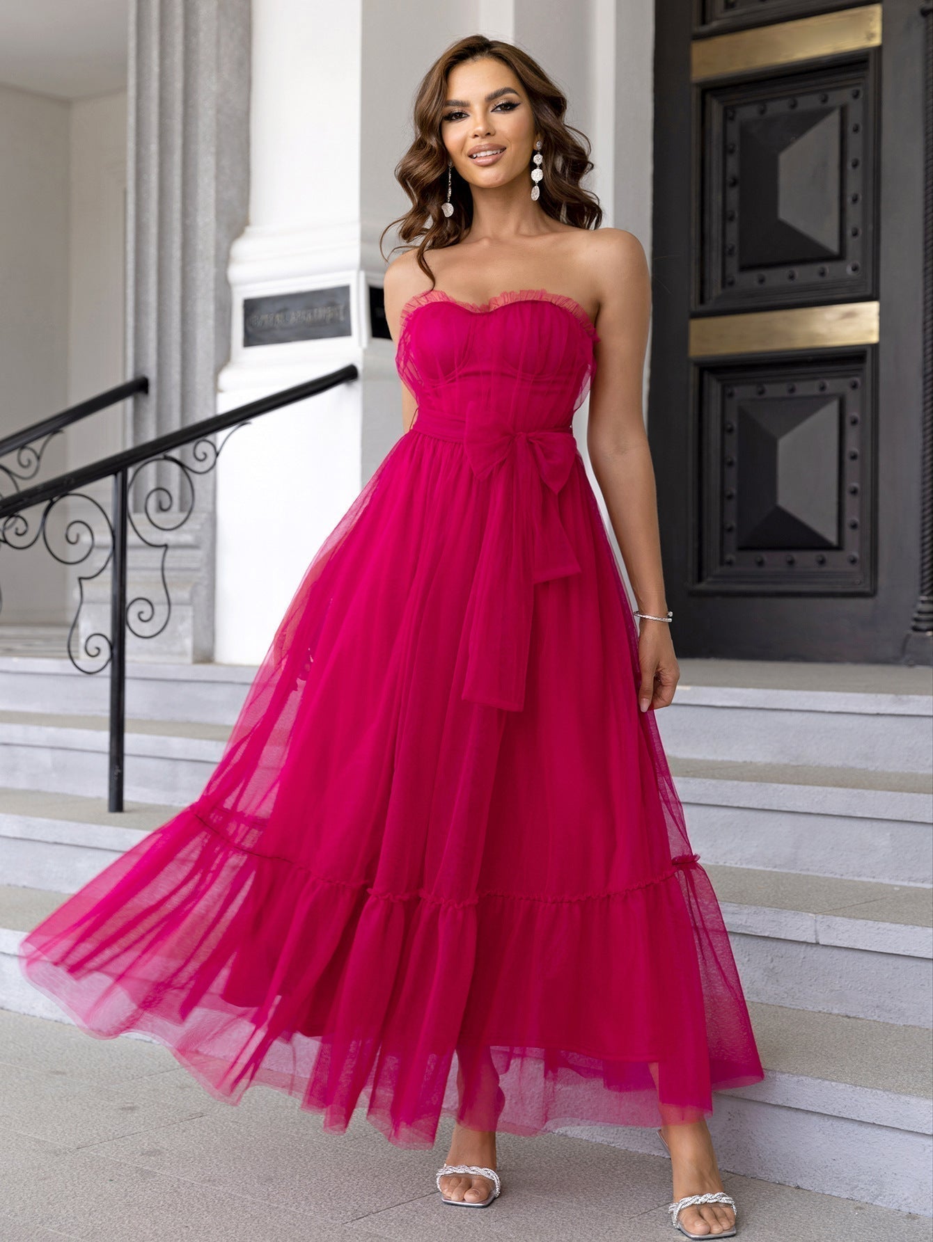 Strapless Sweetheart Ruched Tulle Waist Bow Tiered Ruffle Maxi Gown