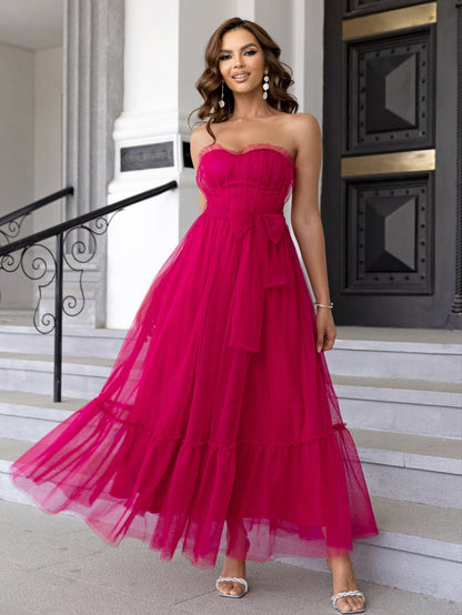 Strapless Sweetheart Ruched Tulle Waist Bow Tiered Ruffle Maxi Gown