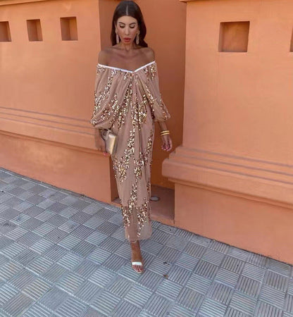 Off Shoulder Balloon Sleeve Sequin Deep V-Neck Maxi Dress