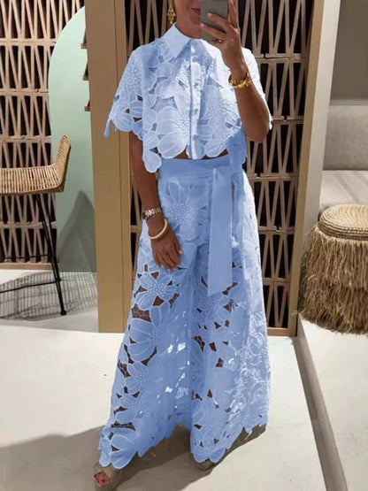 Exquisite Floral Embroidered Hollow Lace Wide-Leg Pants