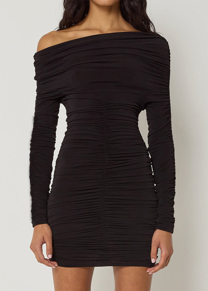 Asymmetric Off-Shoulder Ruched Long Sleeve Bodycon Mini Dress
