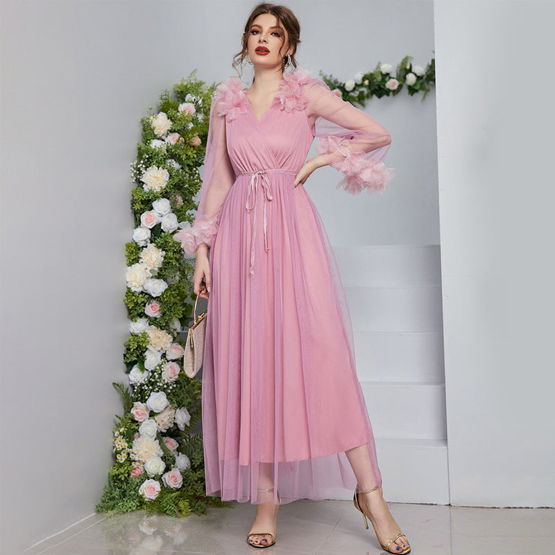 Fairy Dress V neck Long Sleeve High Waist Applique Long Lace Dress