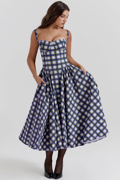 European Girl U Neck Plaid Sling Slim Waist Retro Big Swing