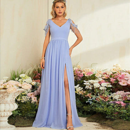 V neck Elegant Evening Dress Prom Party Slit Evening Dress Wedding Dinner Toast Dress Annual Meeting Dress
