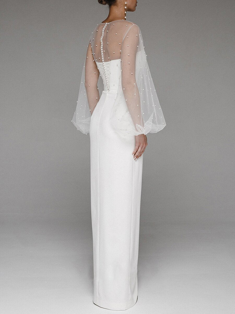 Strapless Puff Sleeves Shiny Glitter Wedding Dress
