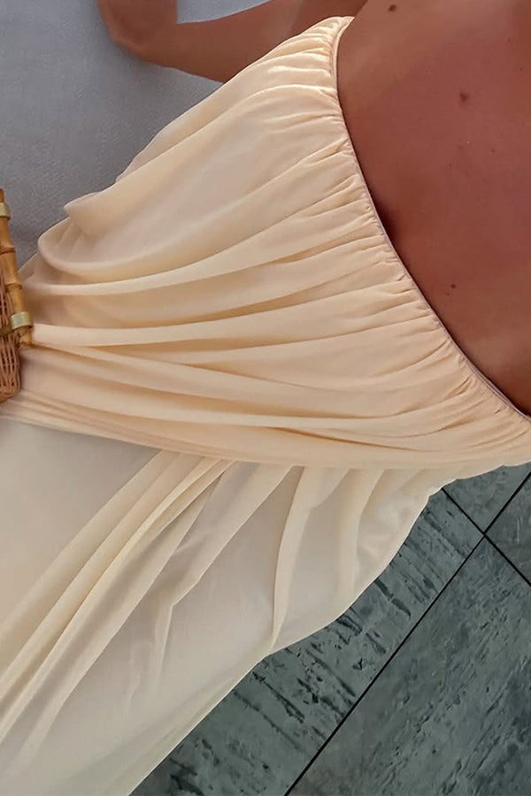 Solid Color Sleeveless Off-shoulder Draped Loose-fitting Holiday Maxi Dress