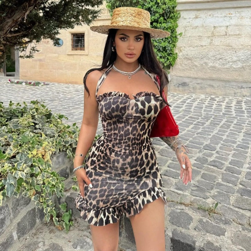 Leopard Print Lace up Backless Slim Hip Short Dress