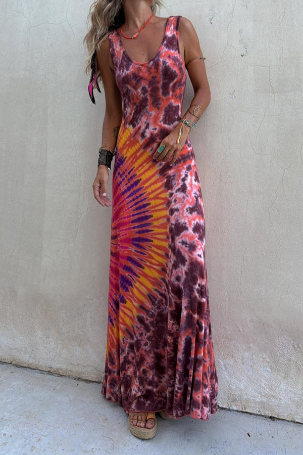 Boho Happiness Tie-dye Print Back Lace-up Stretch Maxi Dress