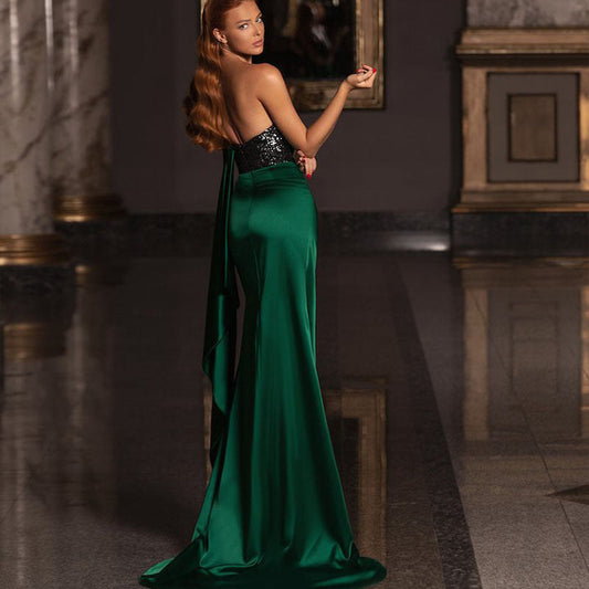 s Dress Low-Cut Split Dress Mop Slimming Sequined Dress