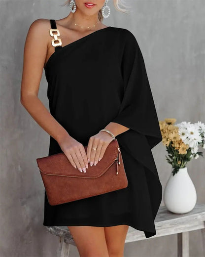 Ombre Stripe One-Shoulder Chain Strap Butterfly Cape Sleeve Mini Dress