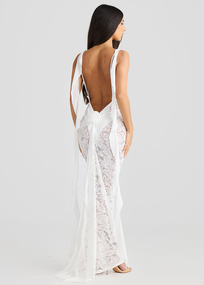 Lace Spaghetti Strap Scalloped Neck Streamer Panel Backless Maxi Dress