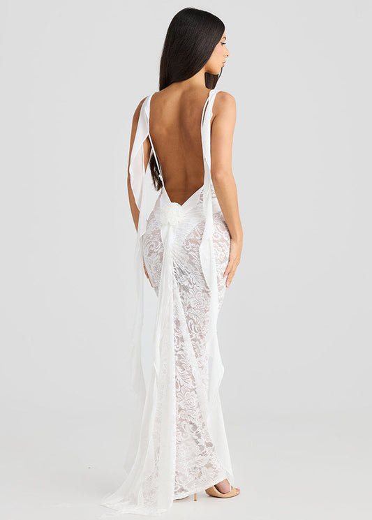 Lace Spaghetti Strap Scalloped Neck Streamer Panel Backless Maxi Dress
