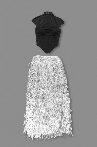 Xenia Fringe Beaded Maxi Dress Two Piece Set