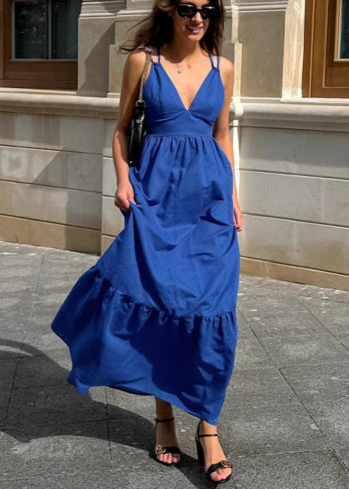 Deep V Neck Double Spaghetti Strap Empire Waist Tiered Maxi Dress