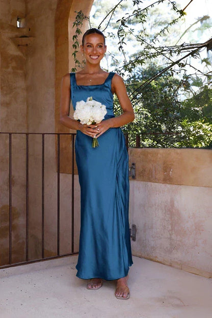 Satin Square Neck Wide Strap Side Slit Maxi Dress