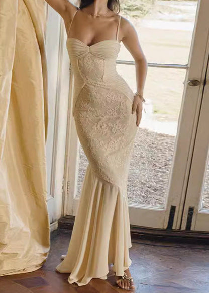 Lace Panel Ruched Sweetheart Spaghetti Strap Mermaid Ruffle Hem Maxi Gown