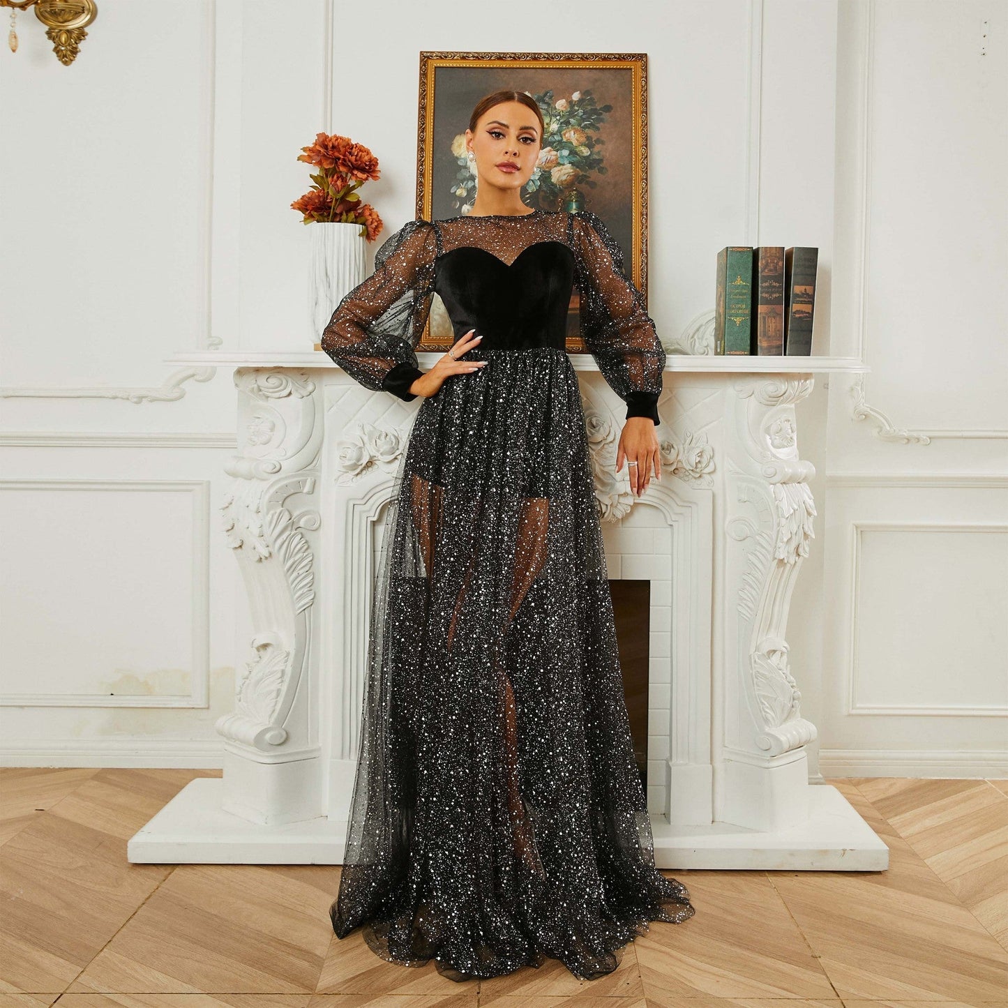Long Sleeved round Neck Cocktail Sequin Gauze Large Swing Evening Dress Bridesmaid
