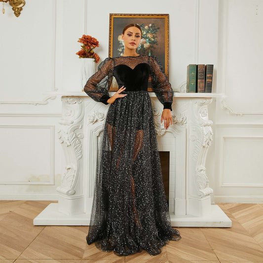 Long Sleeved round Neck Cocktail Sequin Gauze Large Swing Evening Dress Bridesmaid