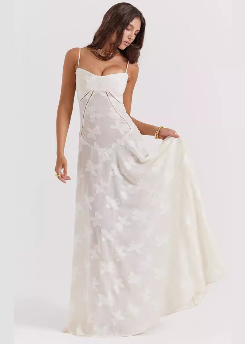 Spaghetti Strap Butterfly Jacquard Burnout Tiered Maxi Dress