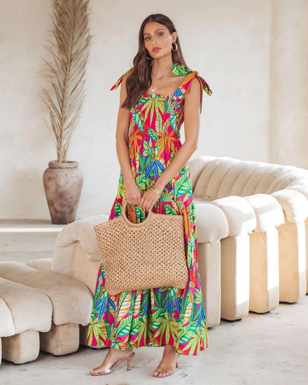 Square Neck Tie Shoulder Smocked Bodice Tiered Tropical Floral Maxi Dress