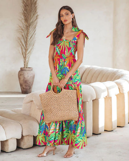 Square Neck Tie Shoulder Smocked Bodice Tiered Tropical Floral Maxi Dress