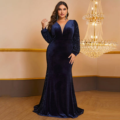 Plus Size Dress Velvet Sequined Lantern Sleeve Elegant Graceful Fishtail Evening