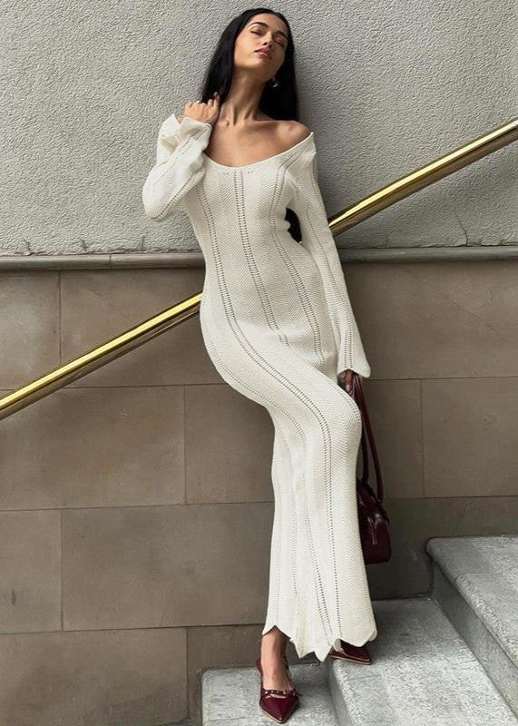 Pointelle Rib Knit Scoop Neck Long Sleeve Flared Cuff Bodycon Maxi Dress