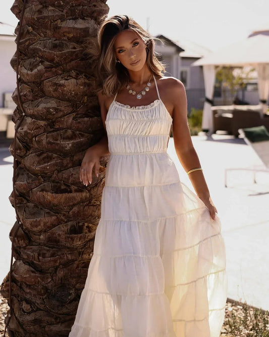 Ivory Tiered Backless Maxi Dress Summer Sundress