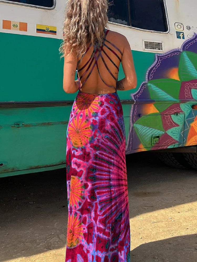 Scoop Neck Spaghetti Strap Tie Dye Sunburst Print Backless Maxi Dress