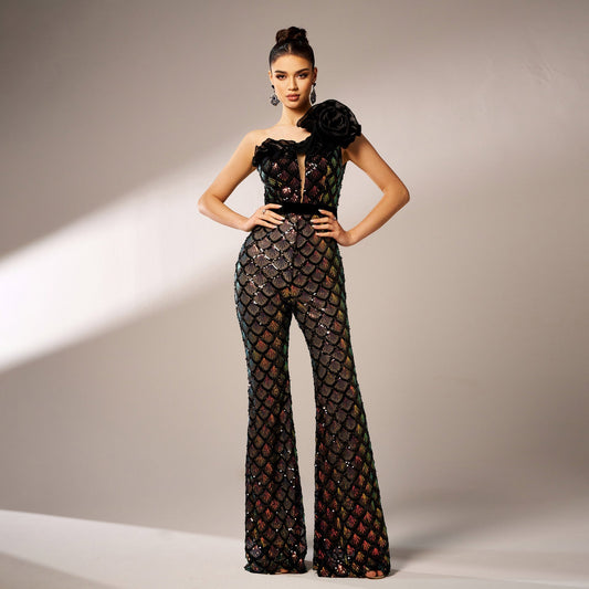 High Grade One Shoulder Diagonal Collar Cocktail Sequ Slim Fit Evening Dress Bridesmaid Dress Jumpsuit