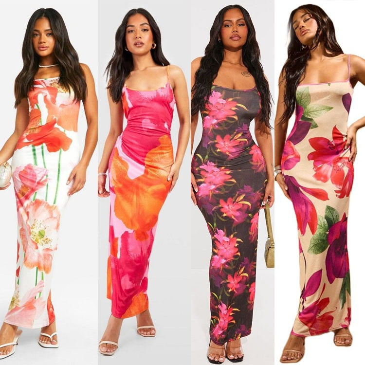 Floral Print Spaghetti Strap Square Neck Bodycon Maxi Dress