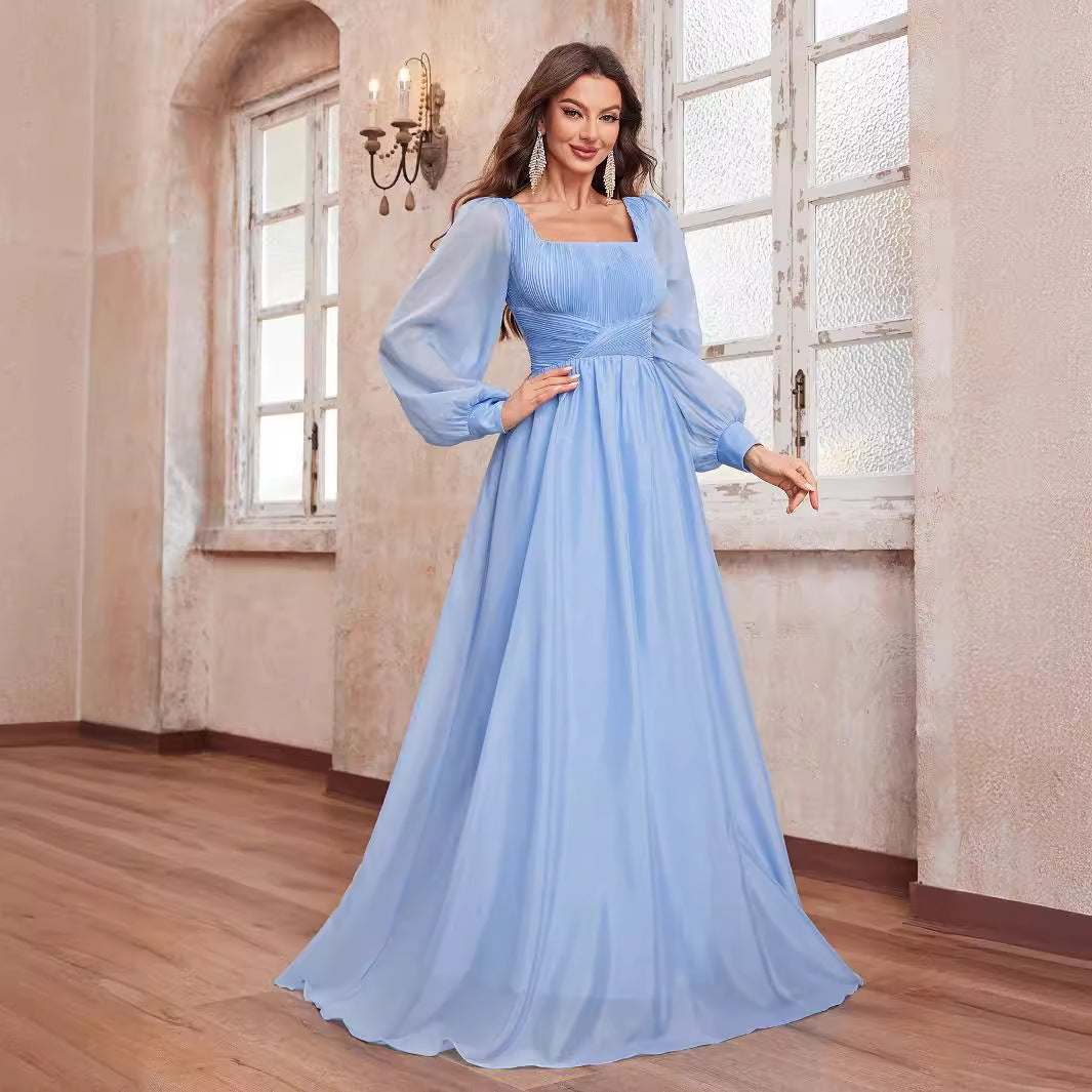 Chiffon Square Collar Dress Lantern Sleeve Elegant Graceful Ground Dress