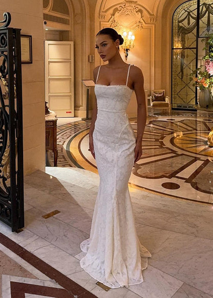 Jacquard Lace Pattern Square Neck Spaghetti Strap Side Tie Trumpet Maxi Gown