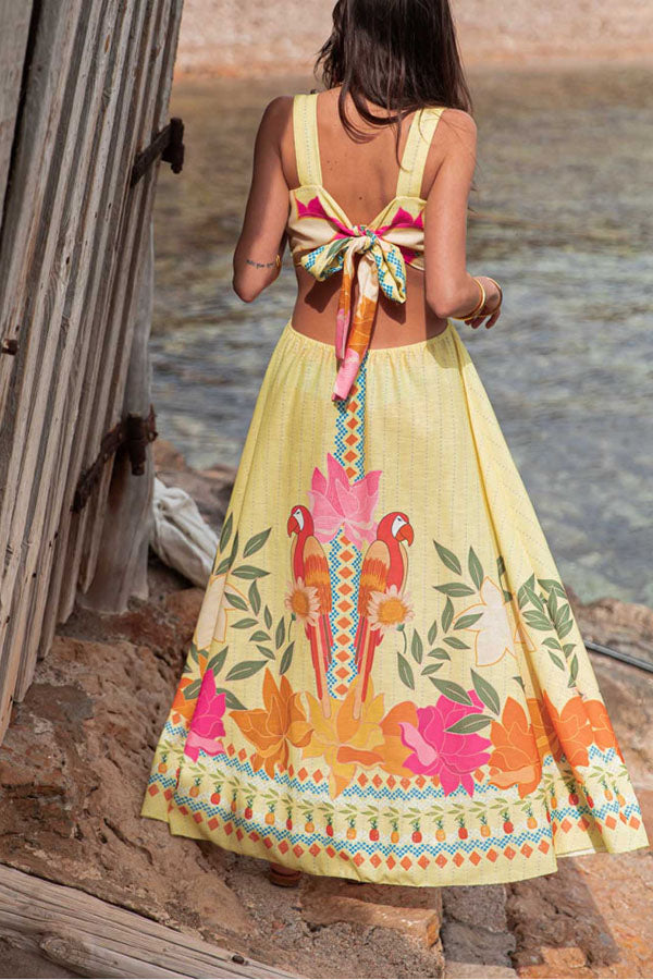 Resort Style Unique Print Sexy Square Neck Backless Waist Maxi Dress