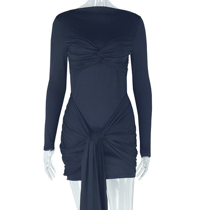 Elegant Stitching Solid Color Tied Bag Hip Long Sleeve round Neck High Waist Short Dress