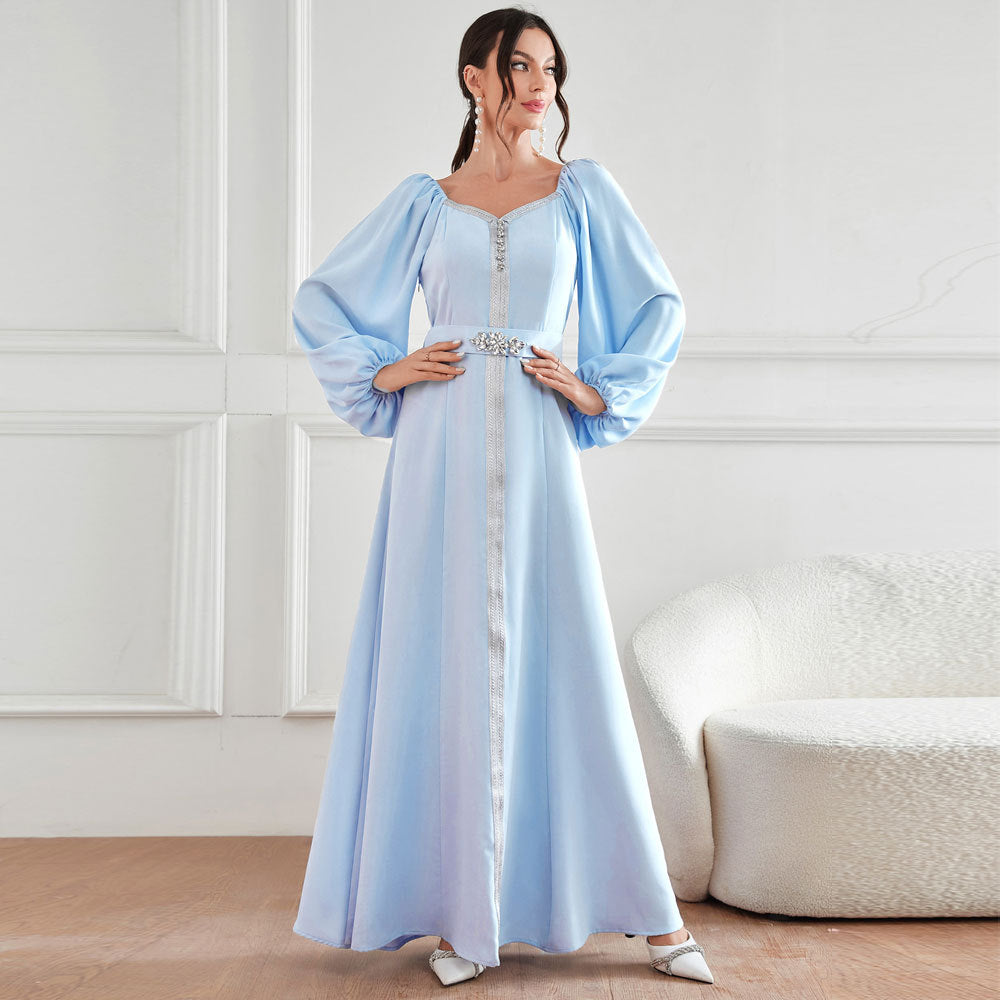 Middle East Muslim Elegant High Waist Rhinestone Dress Robe
