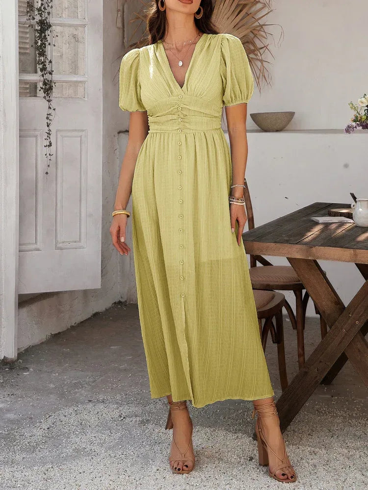 v-neck button-front puff sleeve midi yellow dress