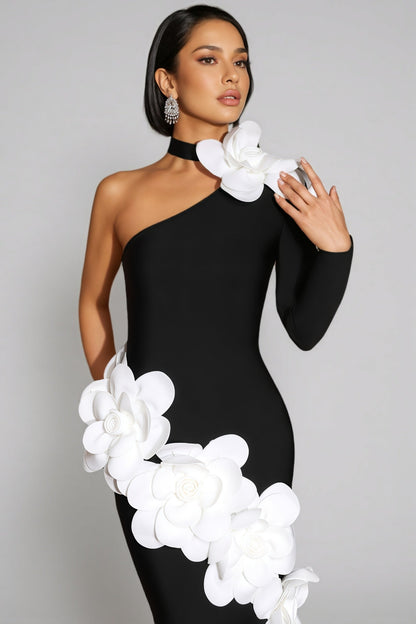 Zellk One Shoulder 3D Floral Bandage Maxi Dress